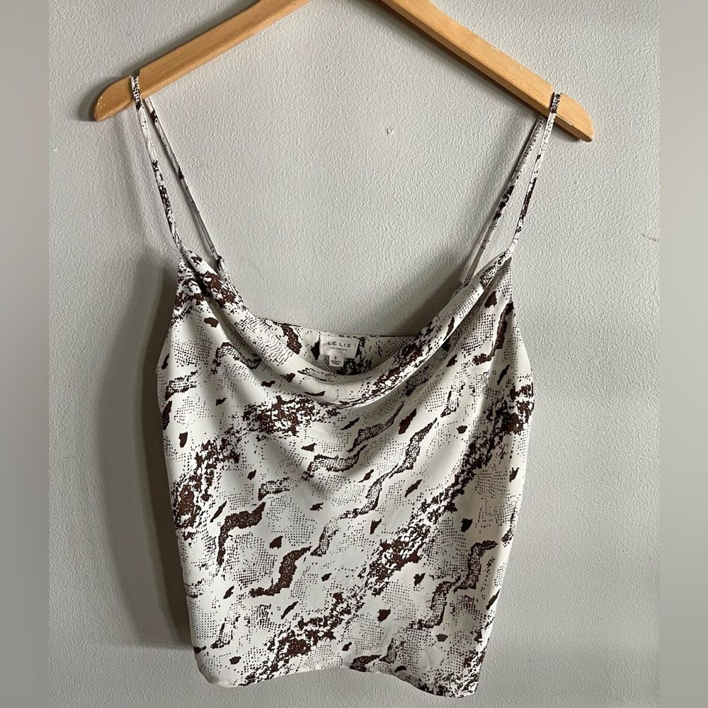 Le Lis Snake Print Satin Cowl Neck Cami Brown White Neutral Top S